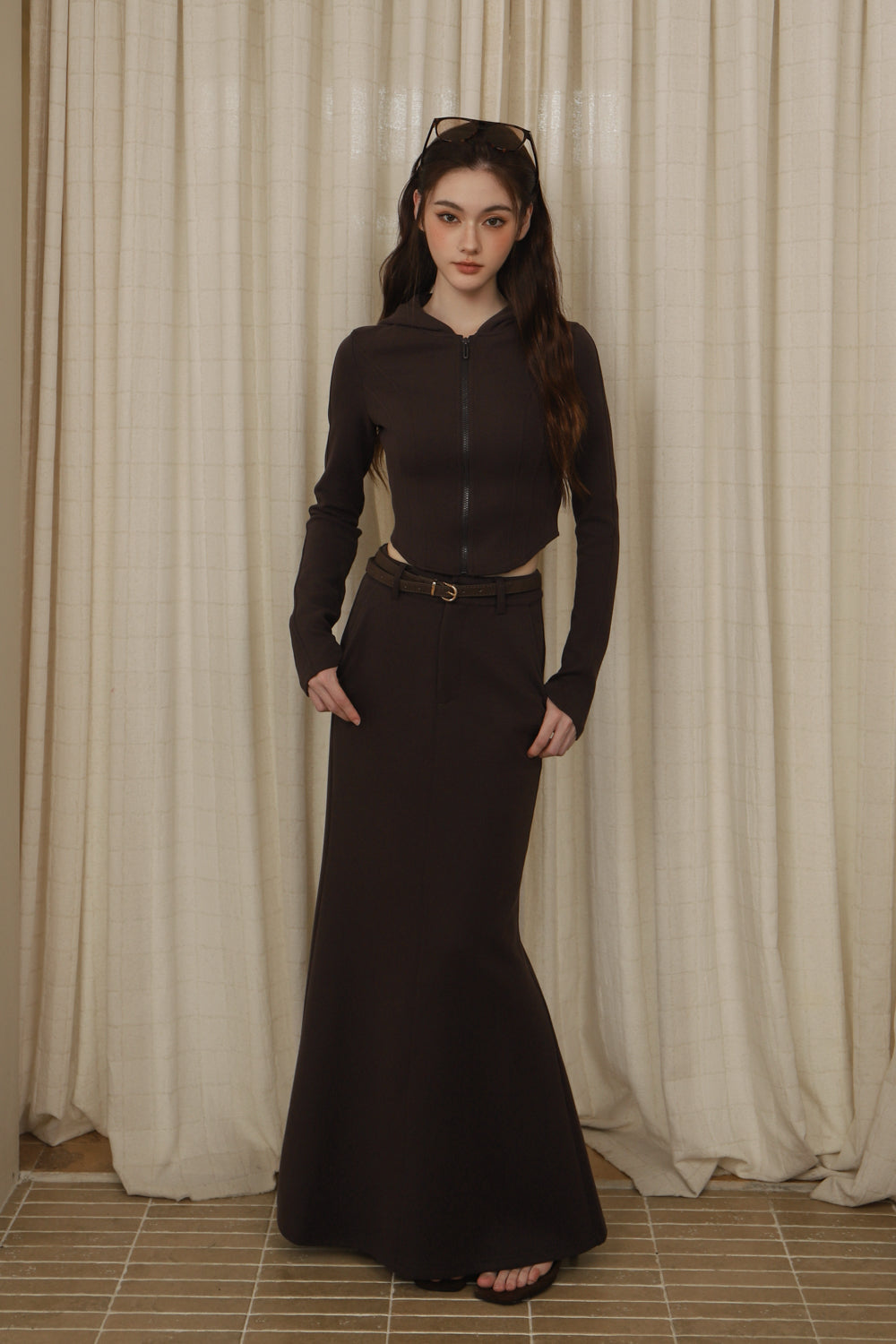 Cloud-Knit Fishtail Maxii Skirt With Faux Suede Belt