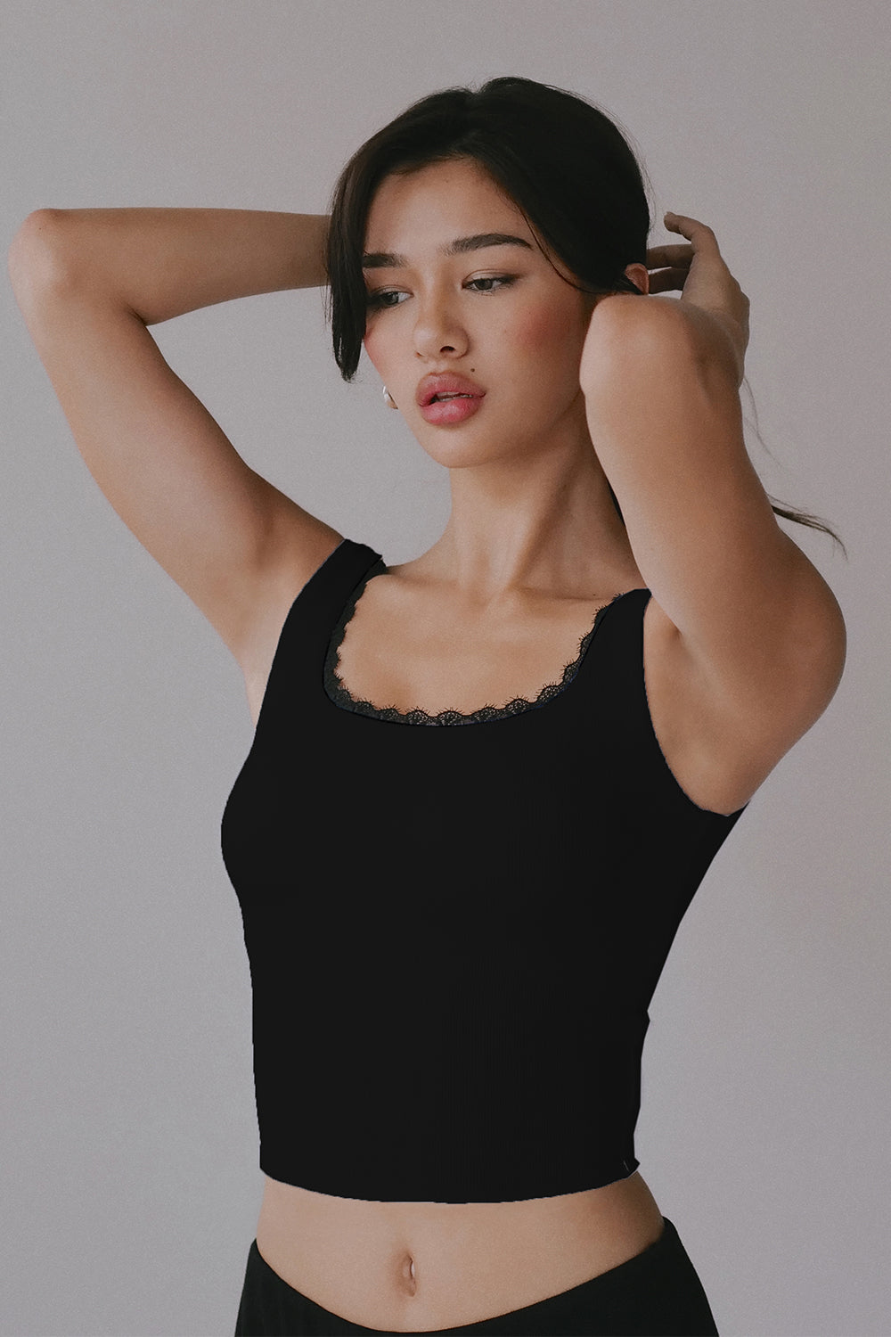 Elegant Rib Lace Trim Wide Strap Bra Top