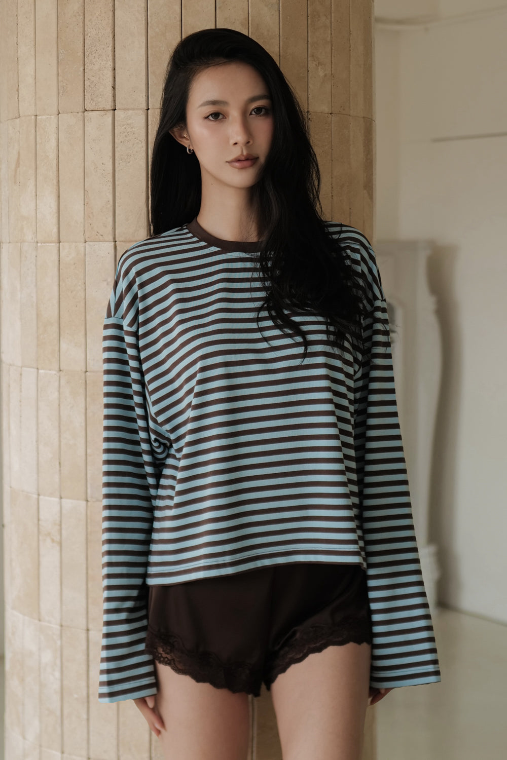Stain-Resistant Oversized Striped Long Sleeve T-Shirt