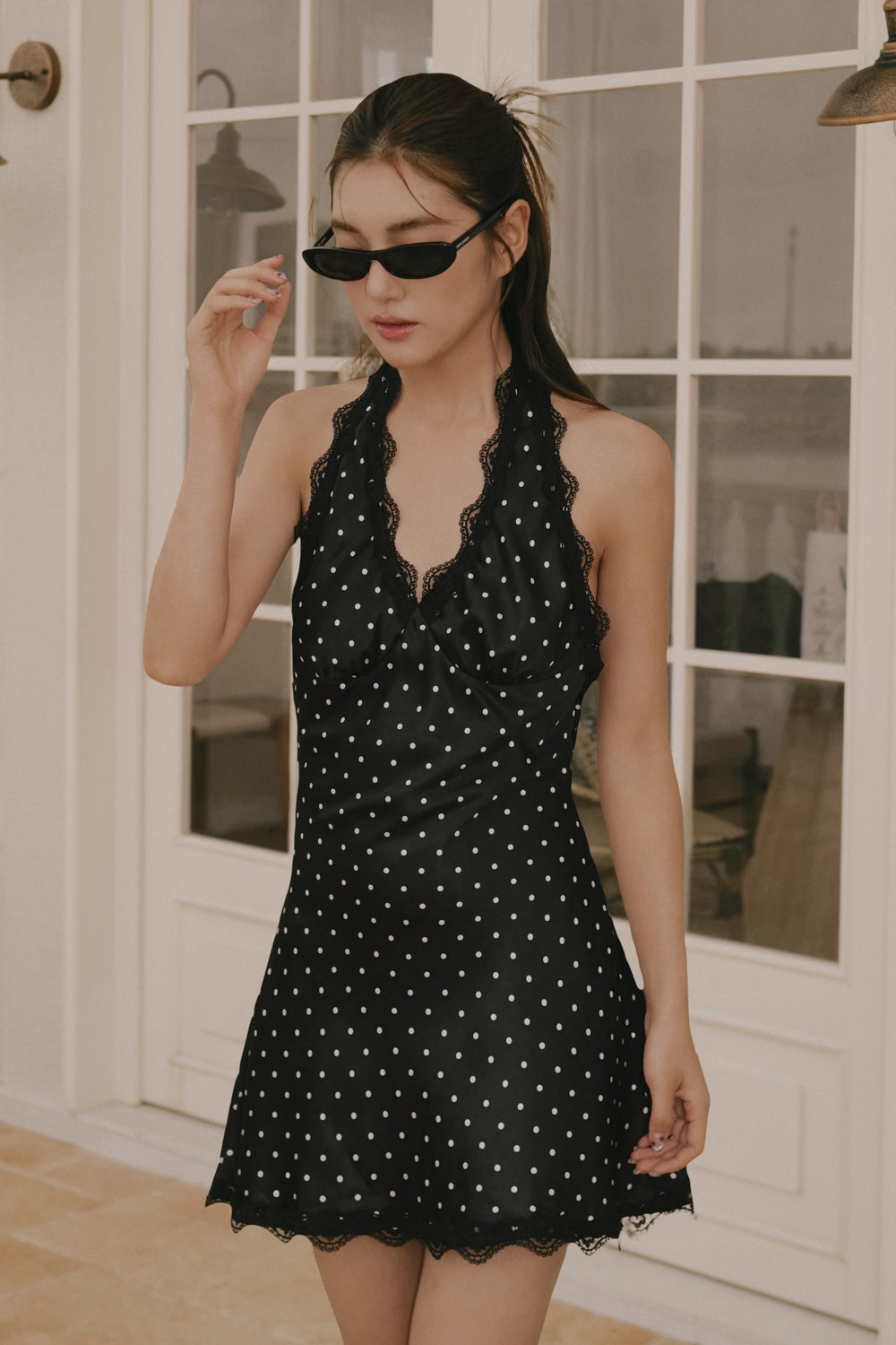 Satin Lace Trim Halterneck Mini Dress