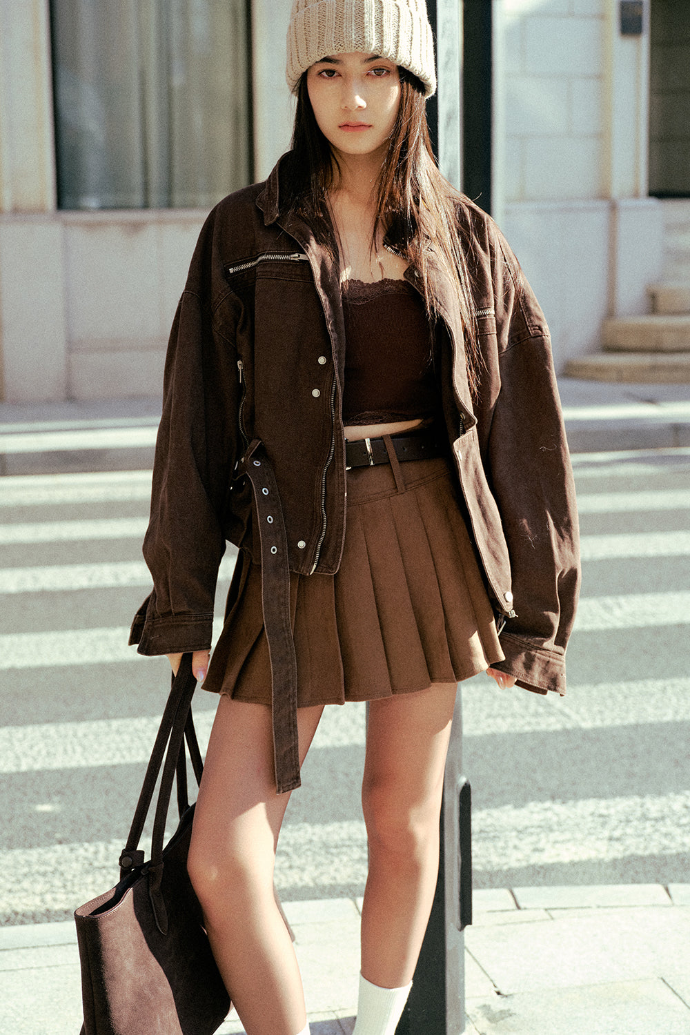 Suede Pleated Skirt with Belt