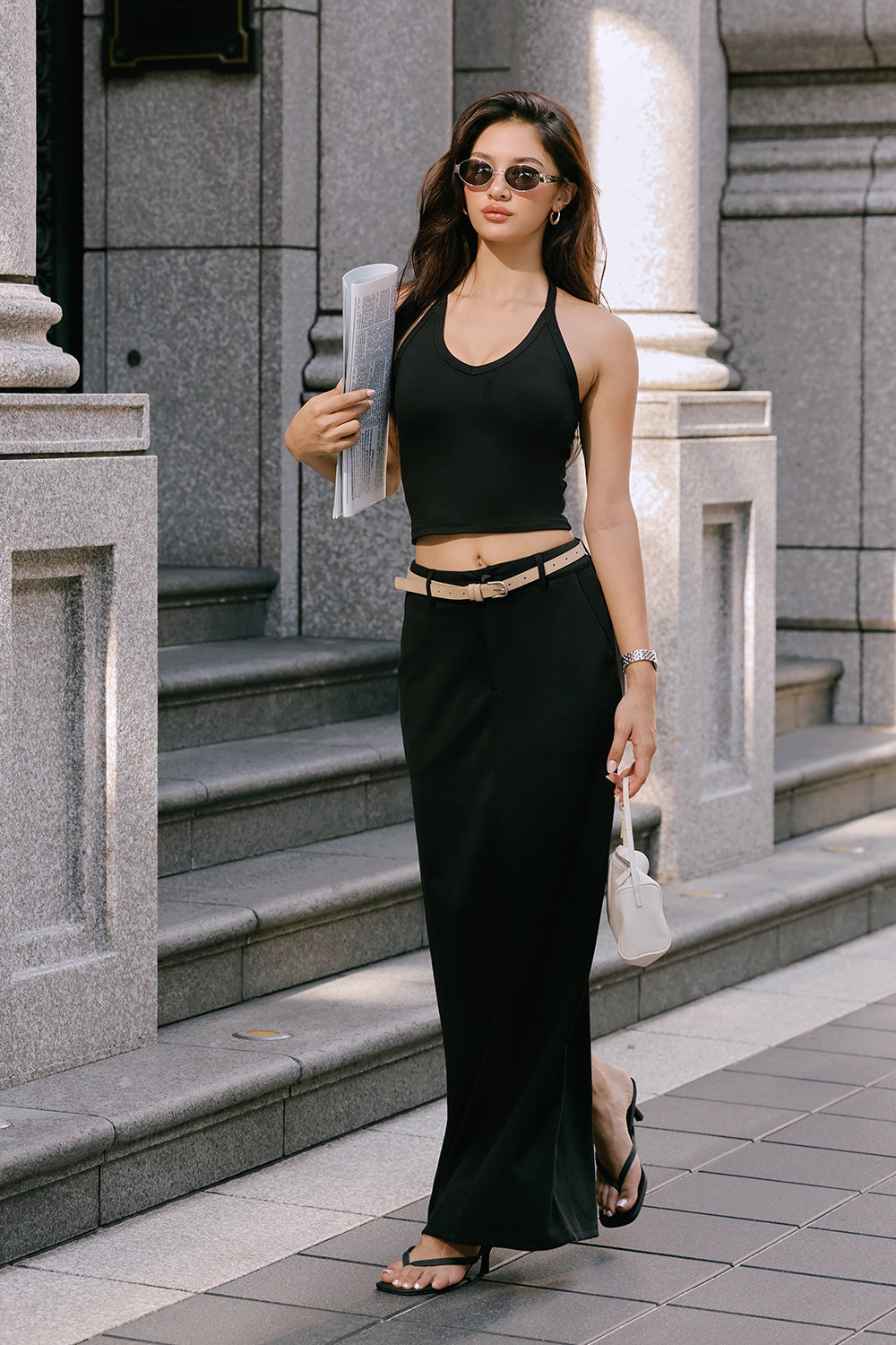 Peach Skin Belted Straight Maxi Skirt