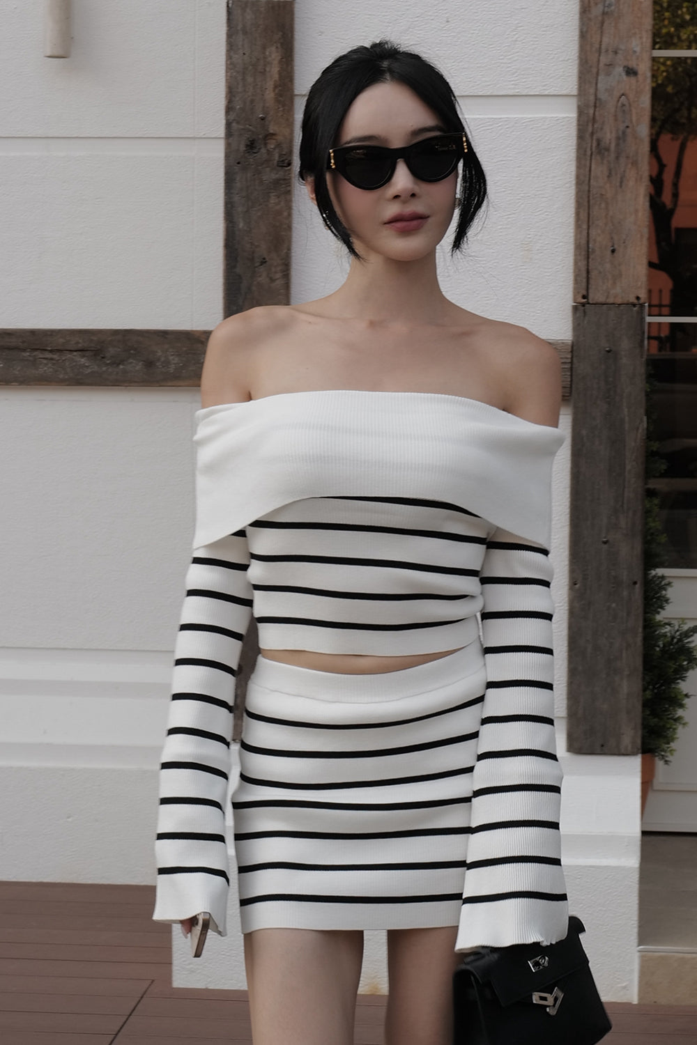 Afternoon Walk  Striped Knit Folded Off-Shoulder Long Sleeve Top