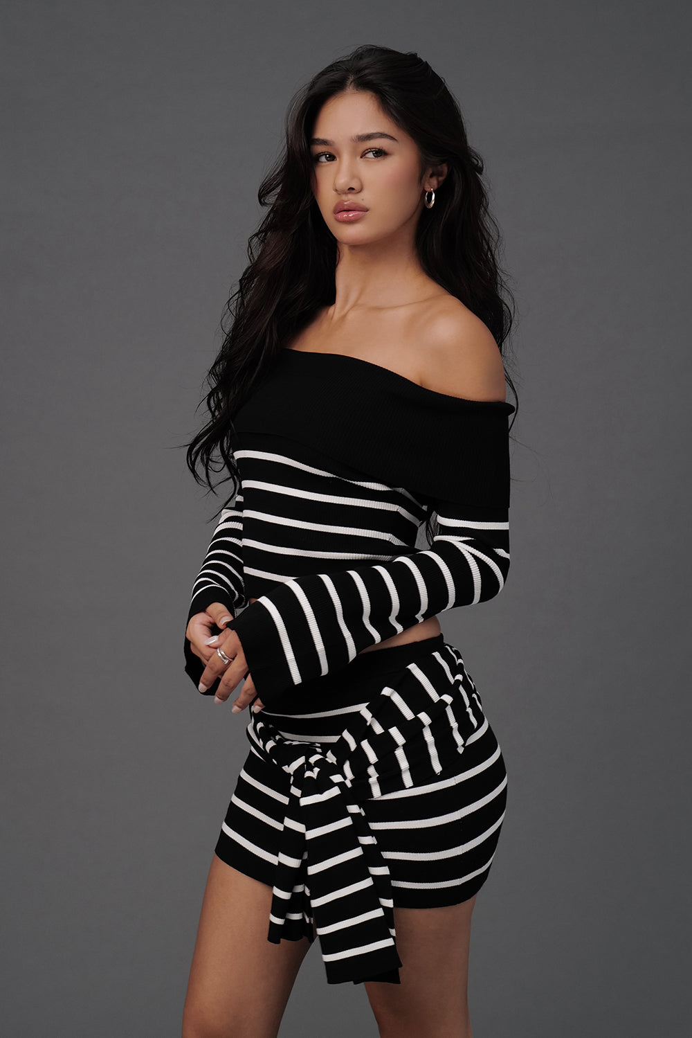 Afternoon Walk Striped Knit Asymmetric Tie Mini Skirt