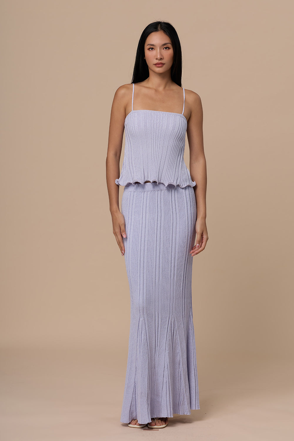 Wide Ribbed Knit Fishtail Maxi Skirt