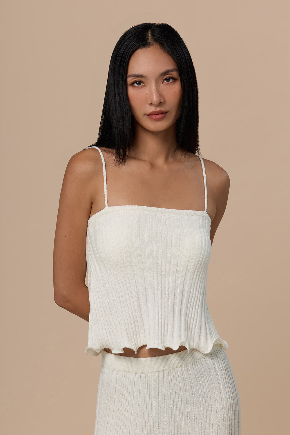Wide Ribbed Knit Ruffle Hem Thin Strap BraTop
