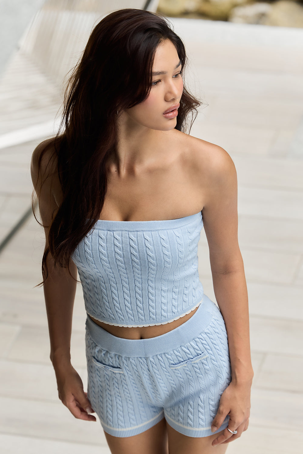 Afternoon Walk Knit Ripple Trim Strapless Bra Top