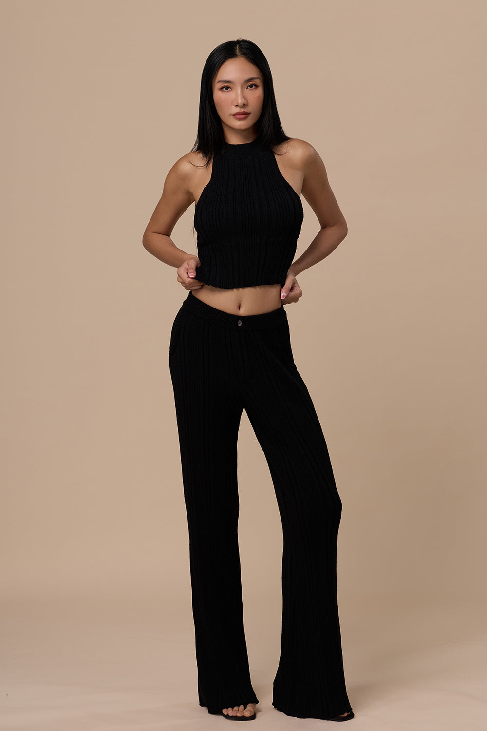 Wide Ribbed Knit Faux Waistband Pants