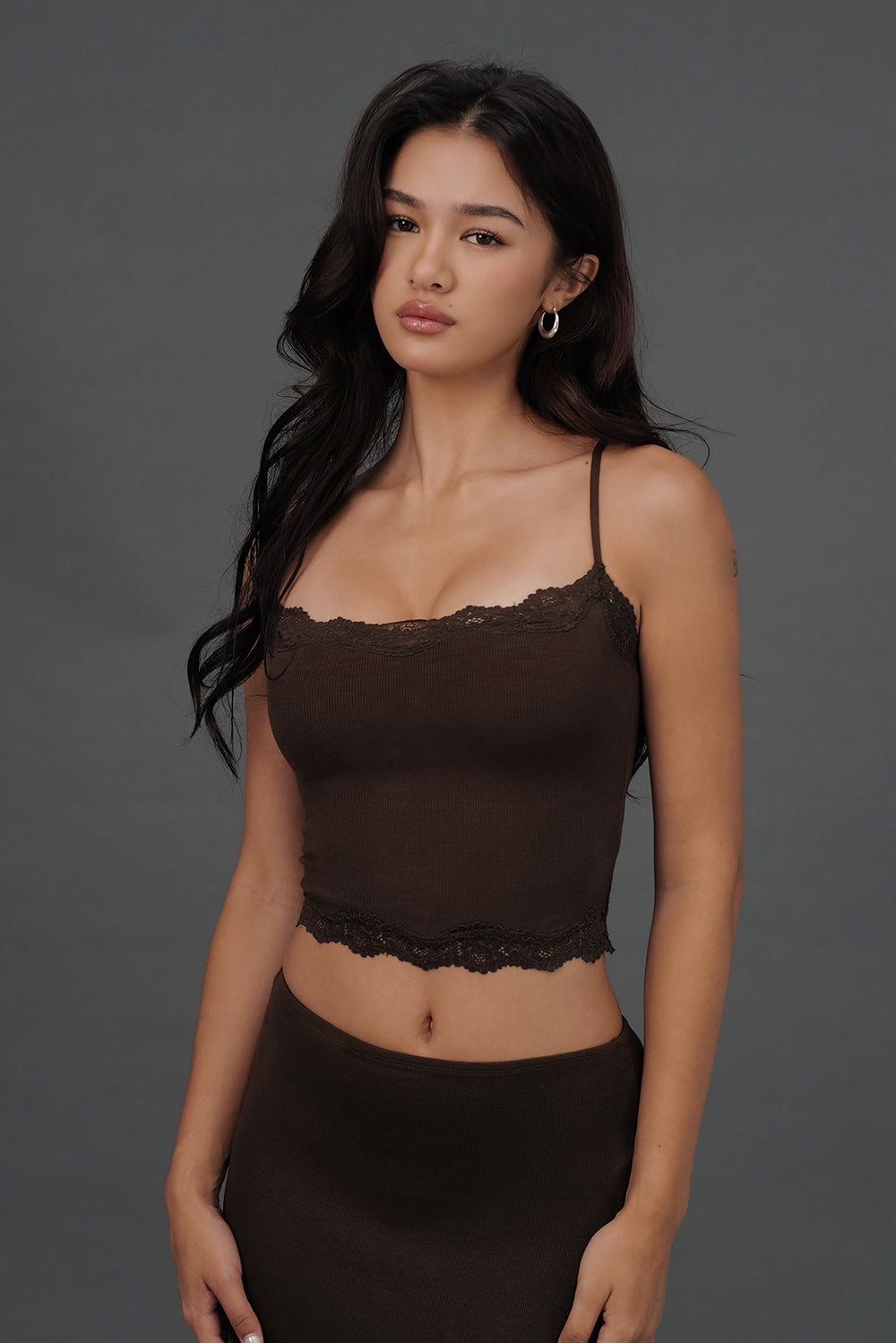 Elegant Rib Lace Trim Spaghetti Strap BraTop