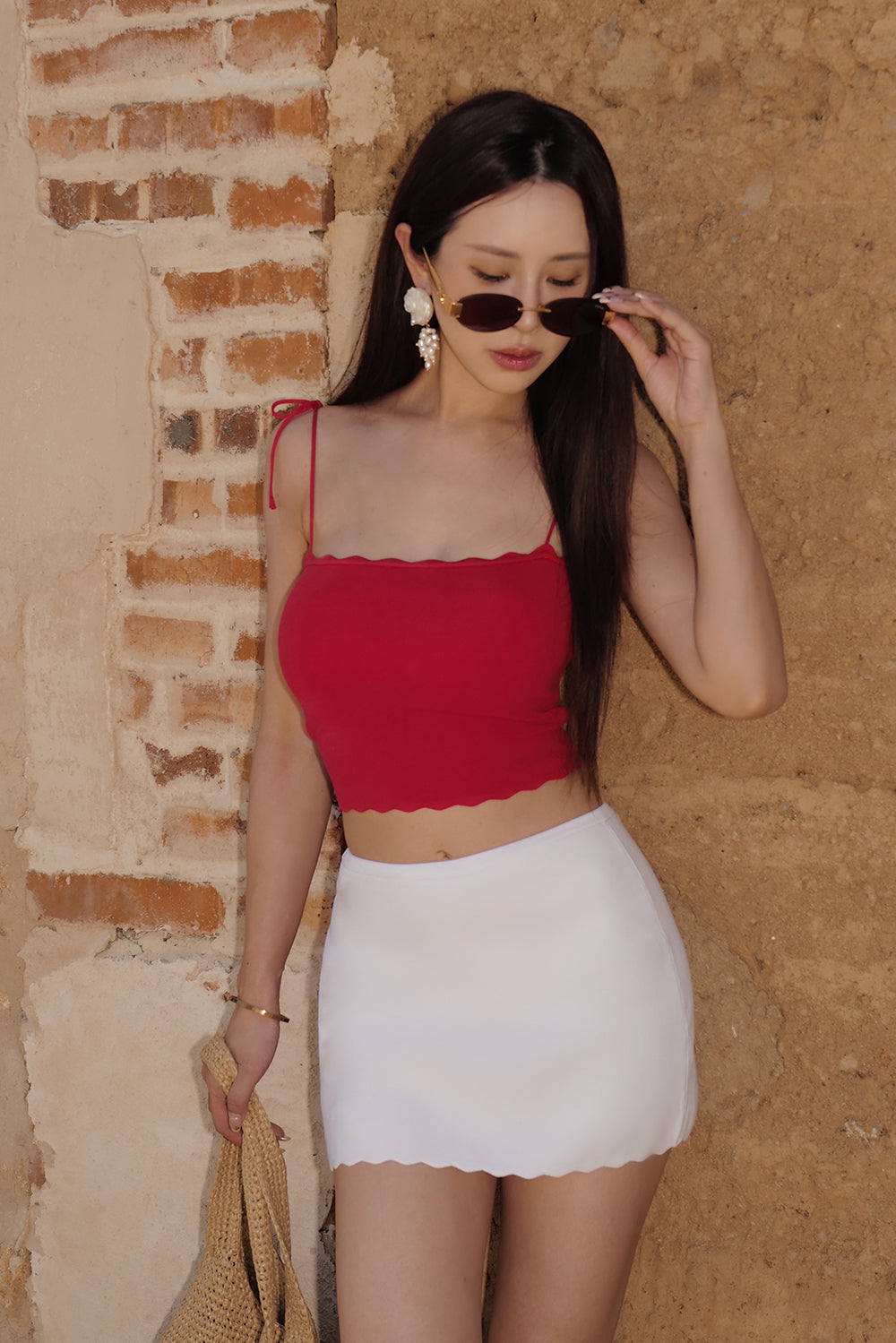 Ice Ripple Trim Knit Spaghetti Strap BraTop