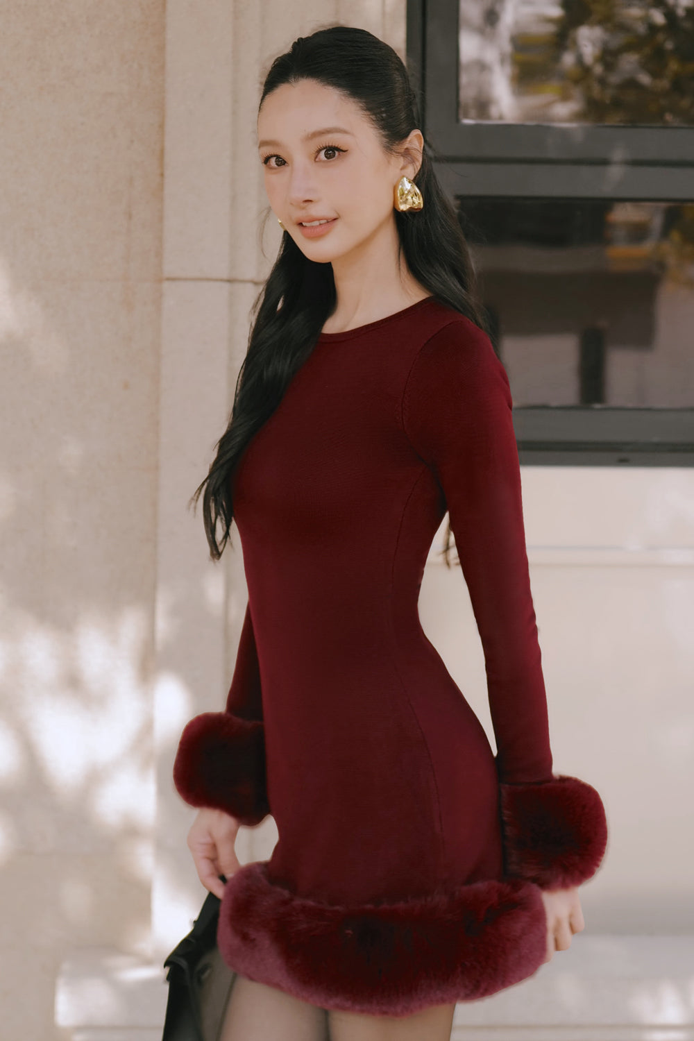 Ribbed Knit Long Sleeve Mini Dress with Faux Fur Collar