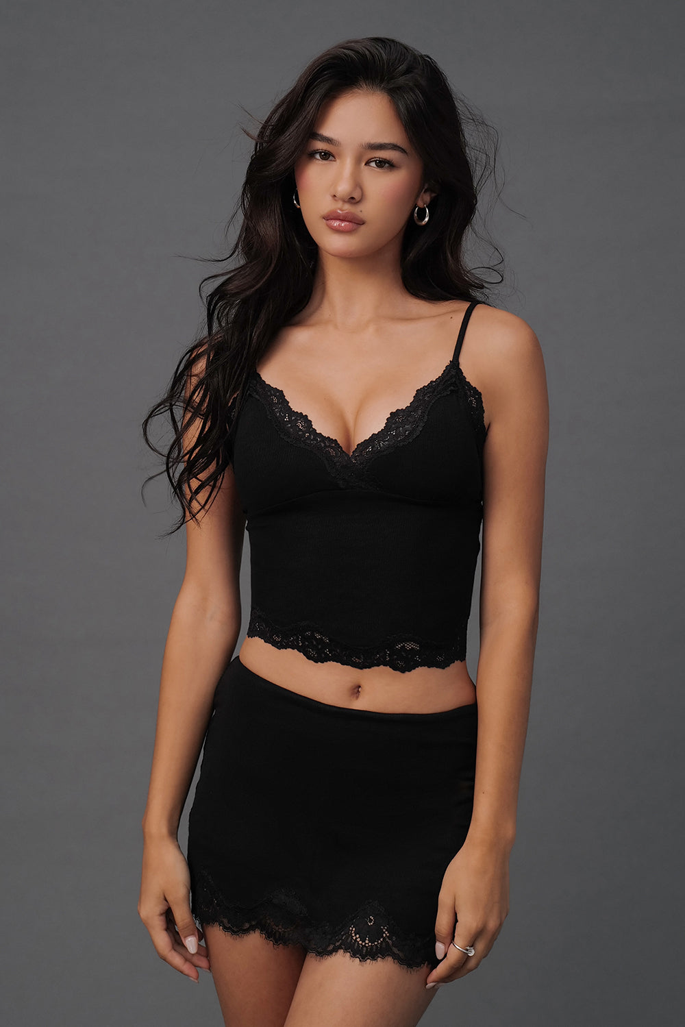 Elegant Rib Lace Trim Sweetheart Neck Spaghetti Strap BraTop
