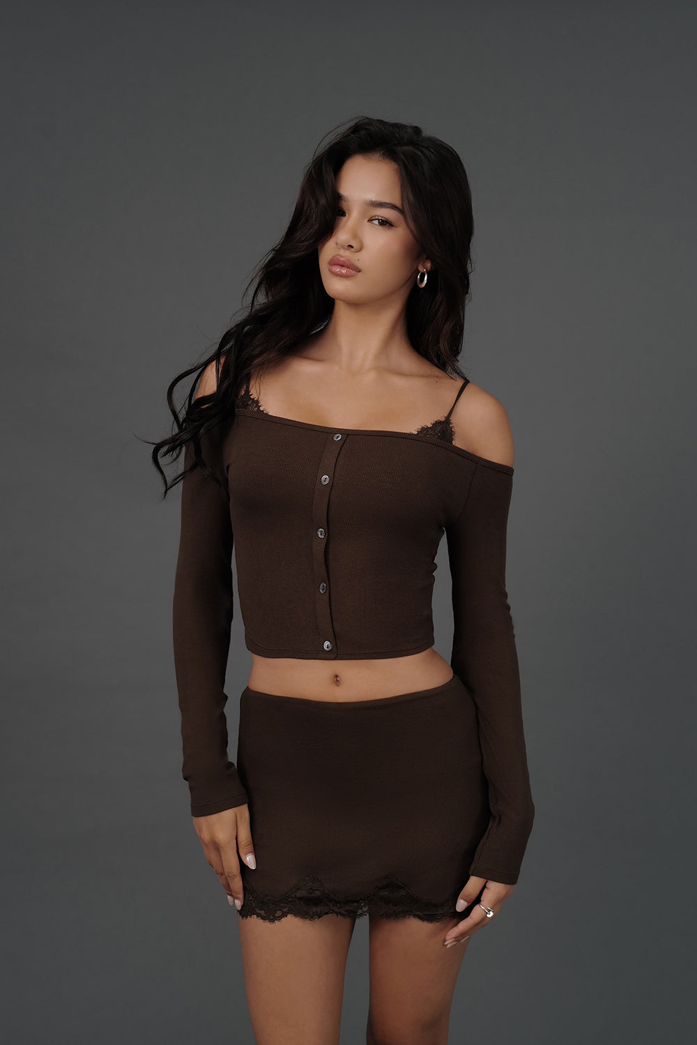 Elegant Rib Lace Trim Off-Shoulder Long Sleeve BraTop
