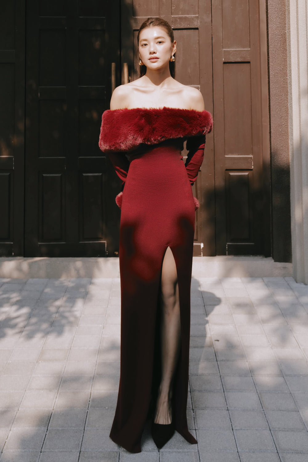 Ribbed Knit Asymmetric Dress with Faux Fur Collar