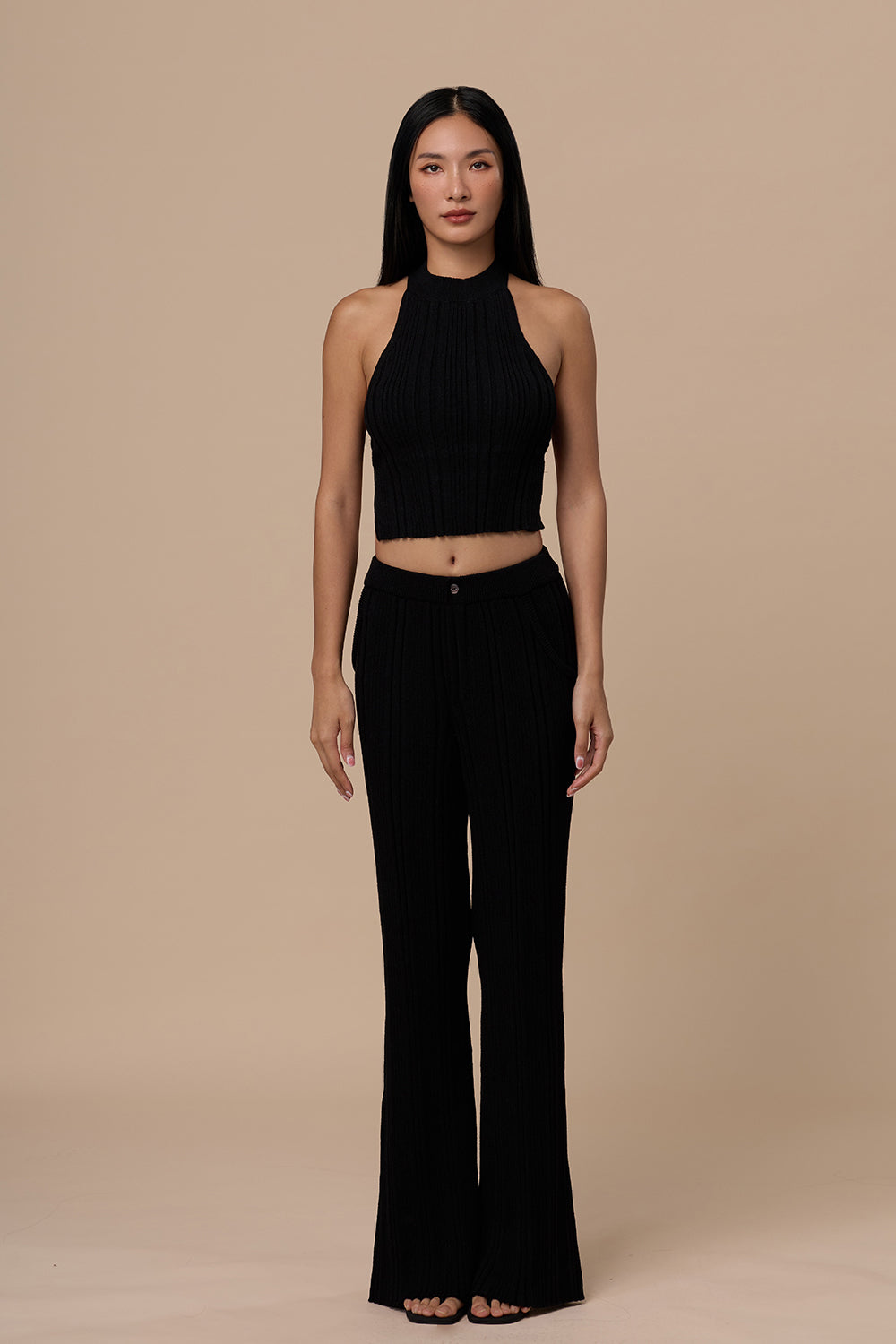 Wide Ribbed Knit Faux Waistband Pants