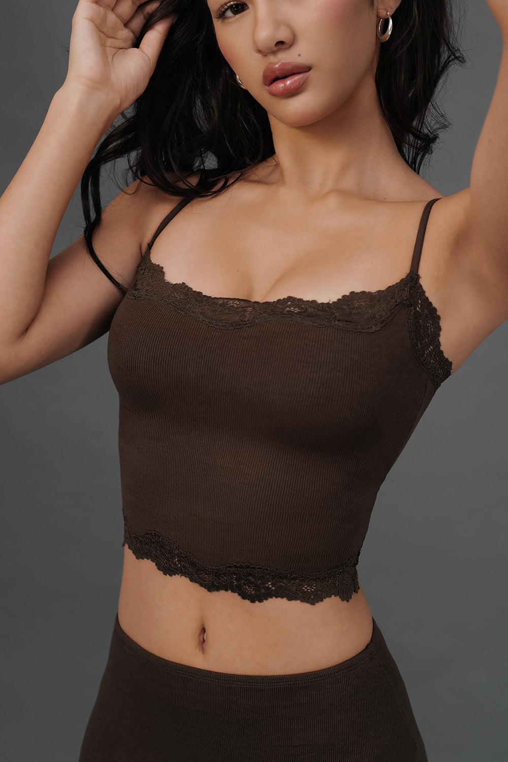 Elegant Rib Lace Trim Spaghetti Strap BraTop