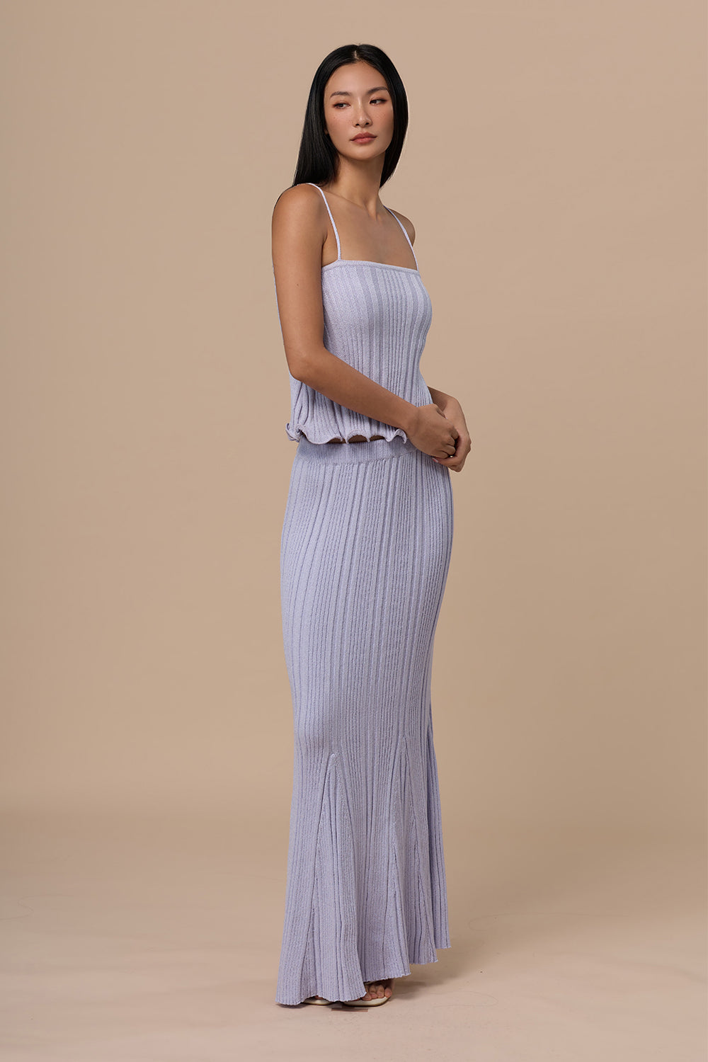 Wide Ribbed Knit Fishtail Maxi Skirt