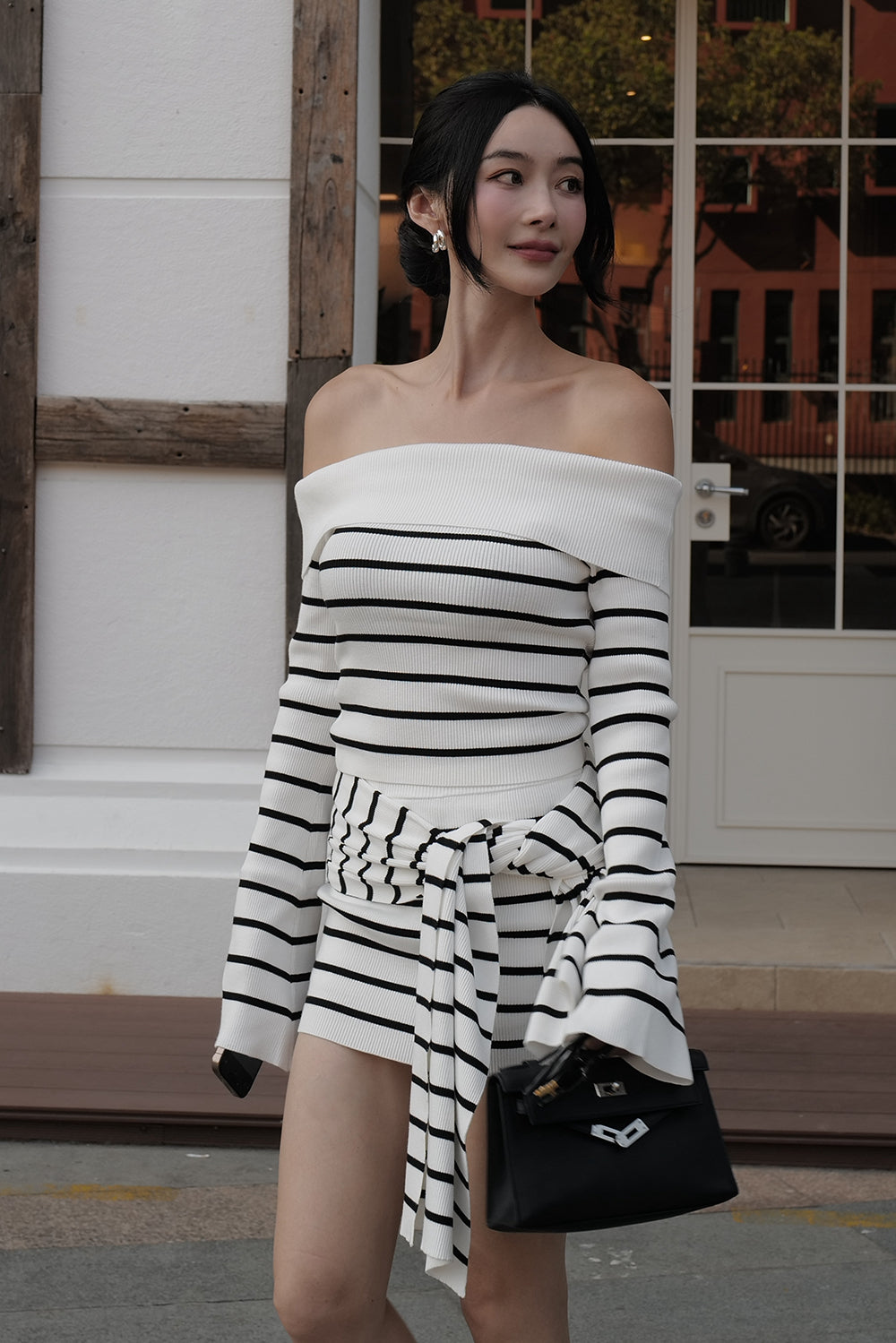 Afternoon Walk  Striped Knit Folded Off-Shoulder Long Sleeve Top