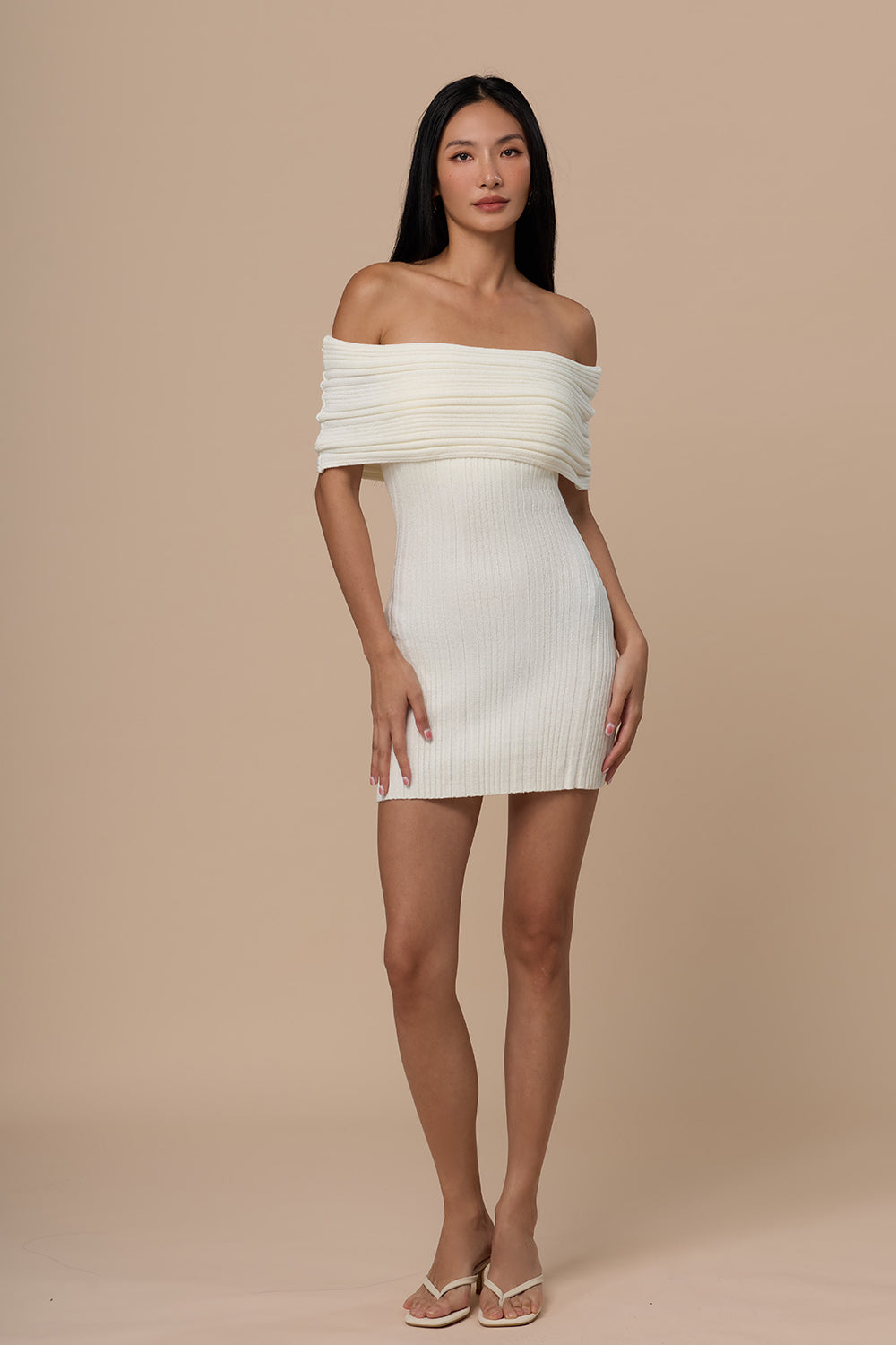 Wide Ribbed Knit Off-Shoulder Mini Bra Dress