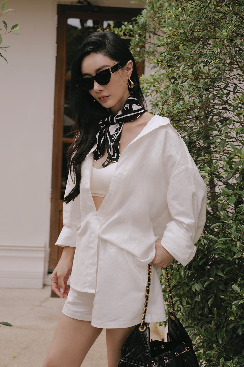 Stain-Resistant Cotton-Linen Long Sleeve Shirt & Waist Shorts Set