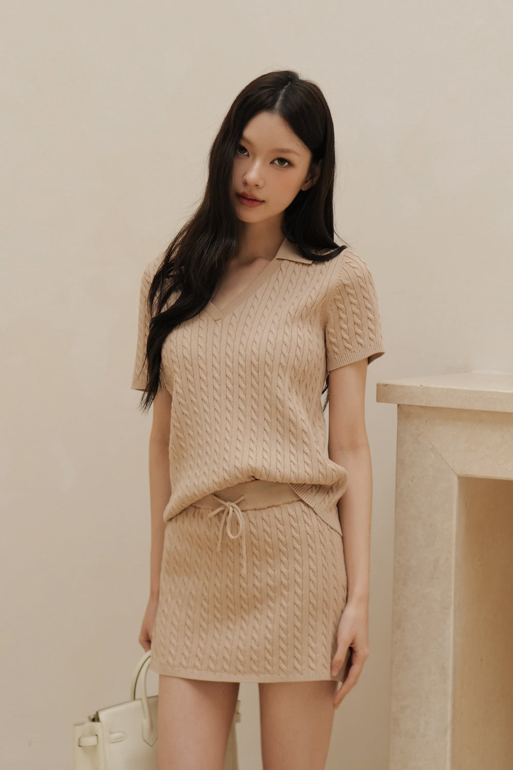 Afternoon Walk Cable Knit Drawstring Mini Skirt