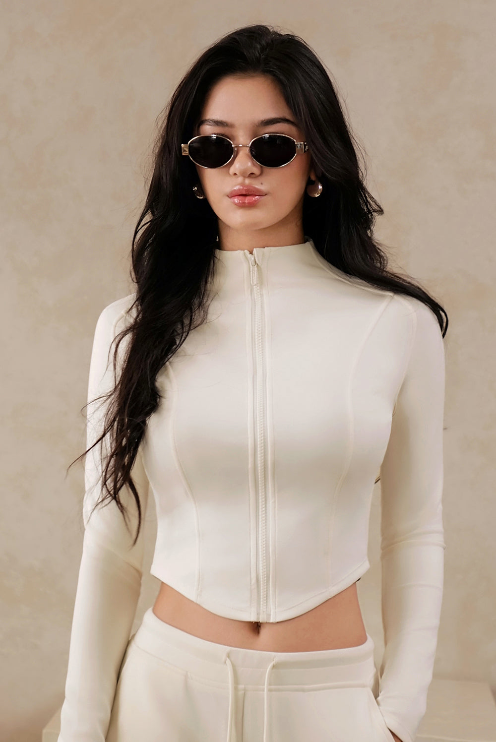 Peach Skin High-Neck Zip Hoodie Jacket