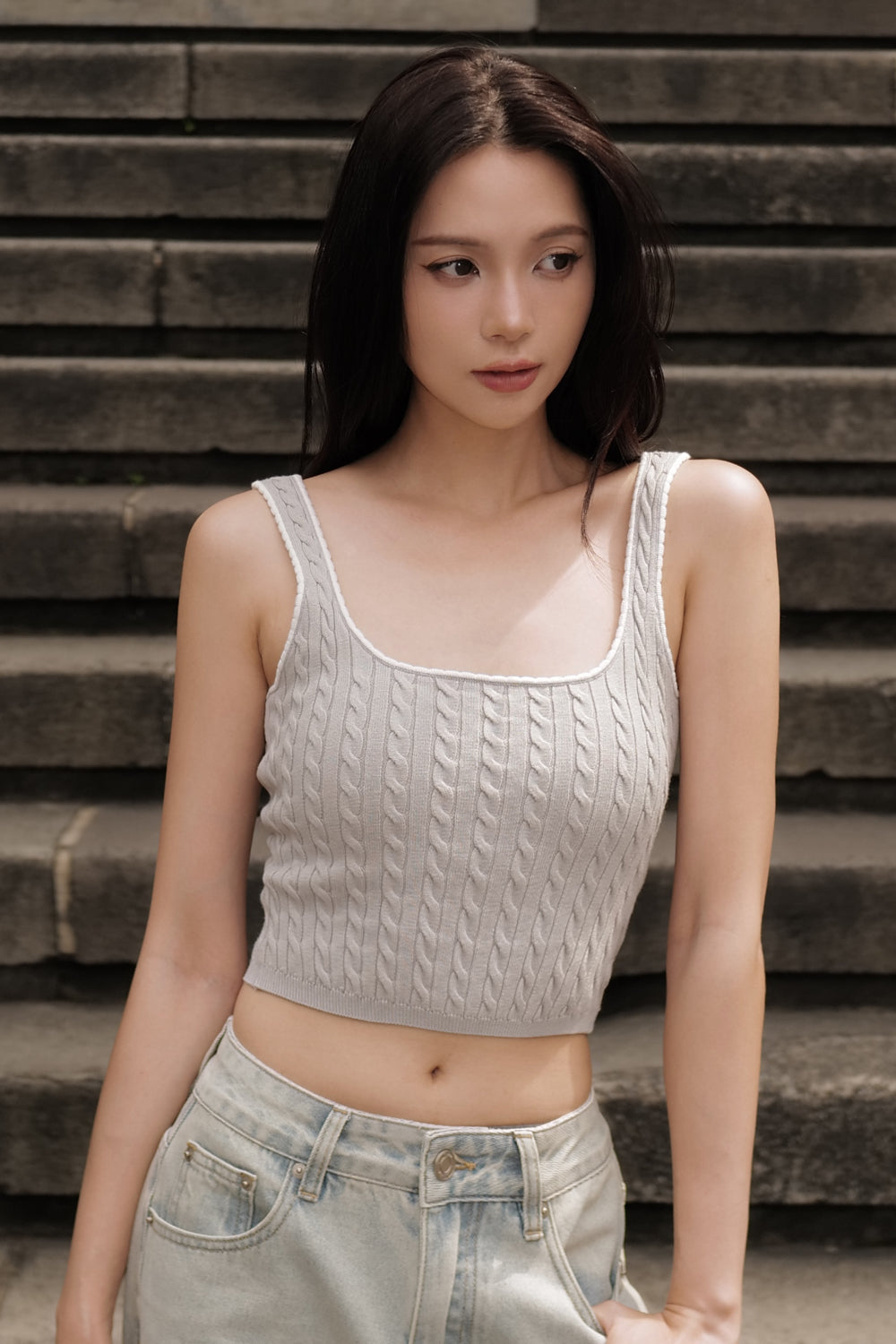 Afternoon Walk Cable Knit Ripple Trim Wide Strap Bra Top