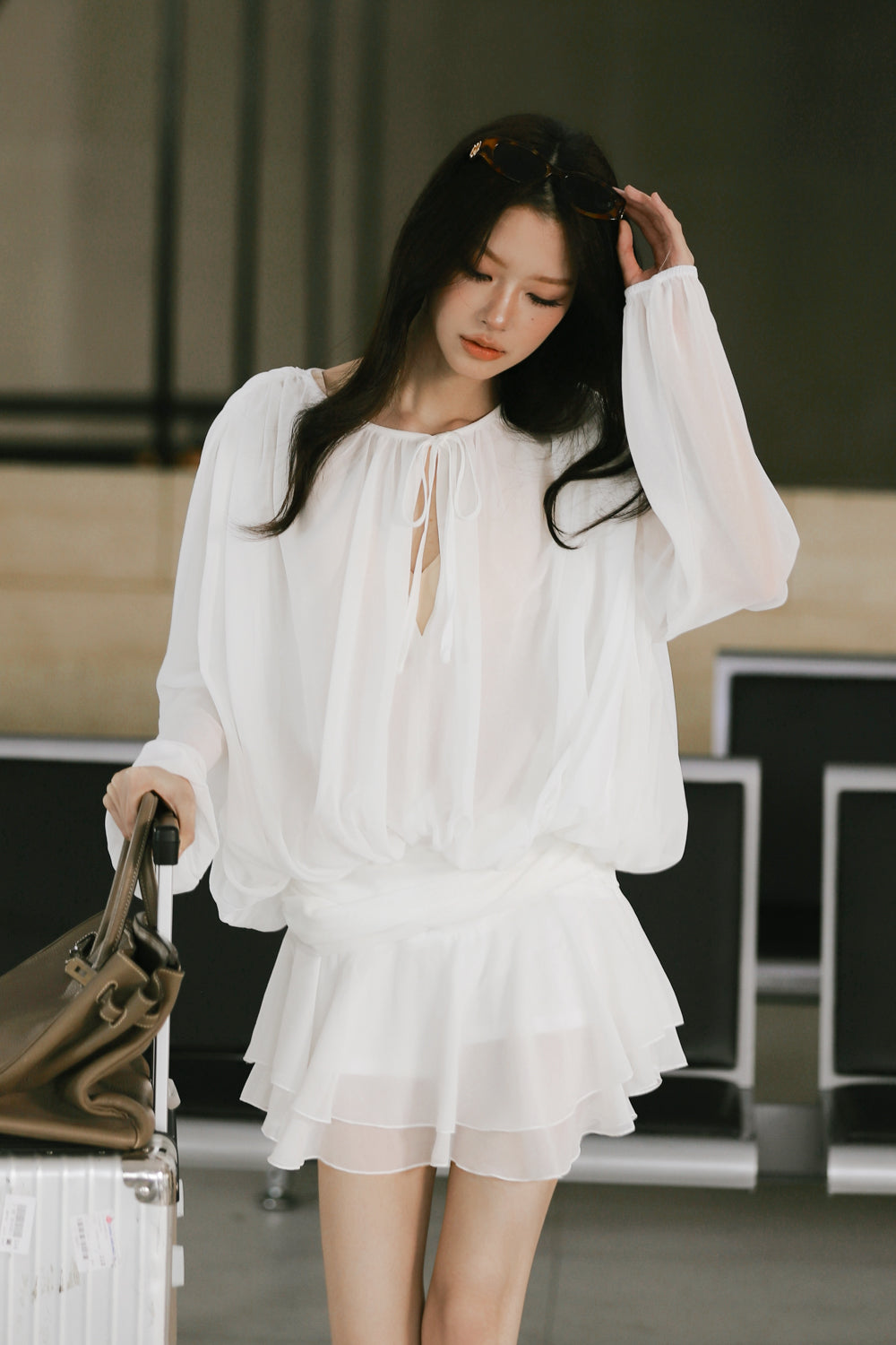 Lantern Sleeve Blouse Mini Dress with Safety Shorts
