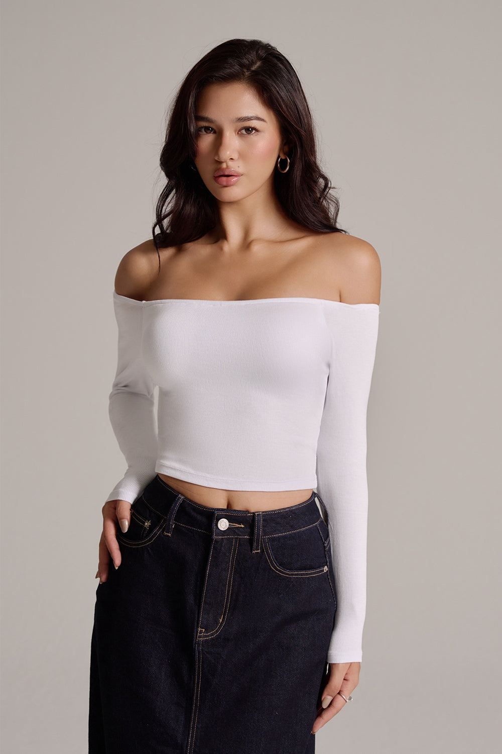 Elegant Rib Off-Shoulder Long Sleeve BraTop