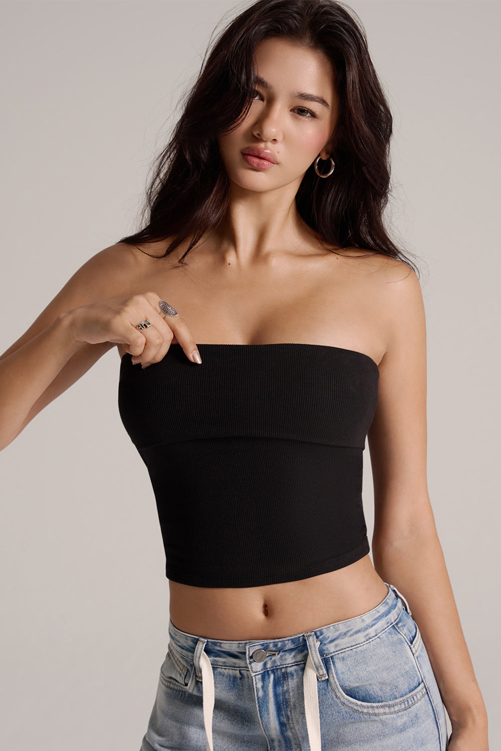Elegant Rib Wide-Lapel Strapless BraTop
