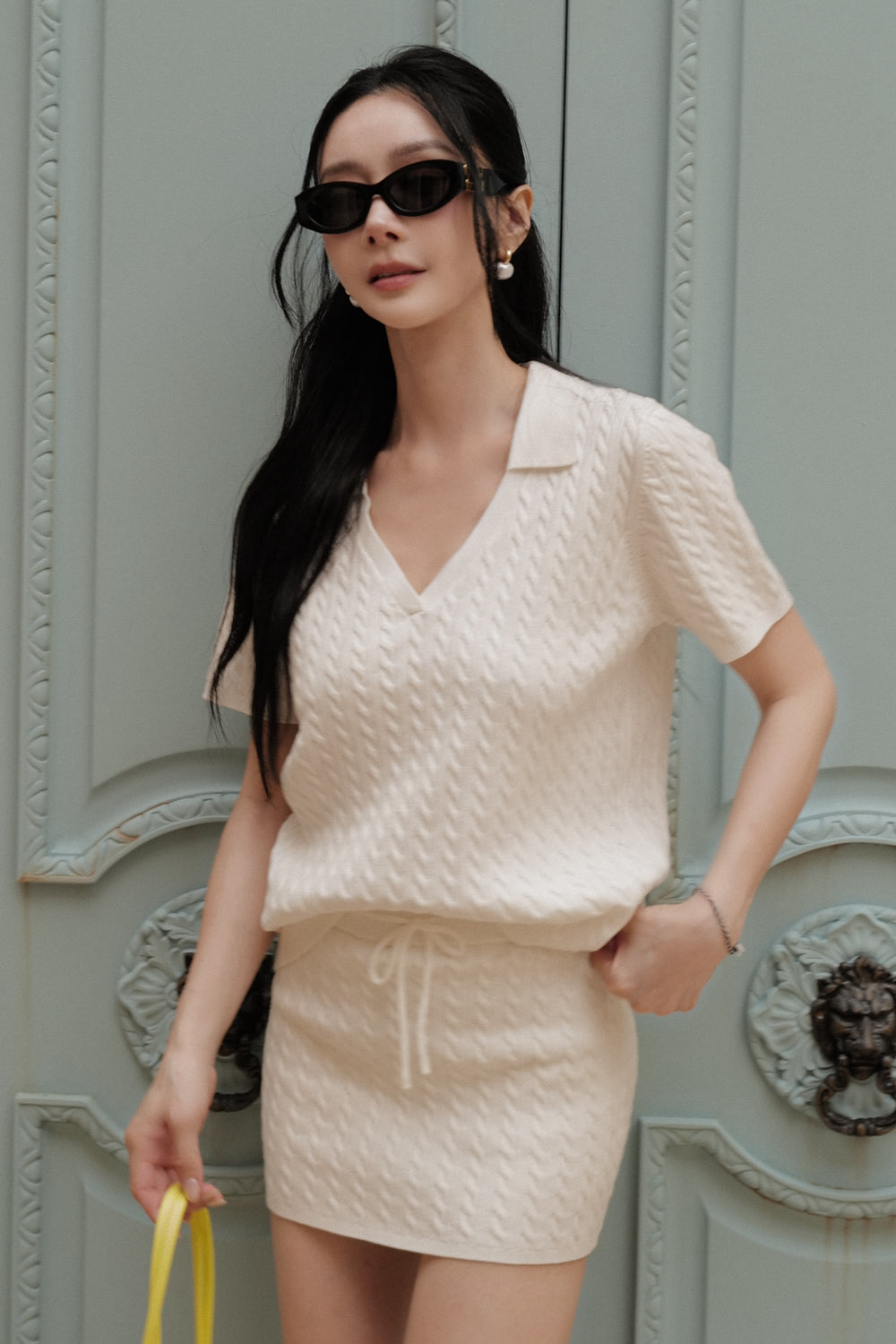 Afternoon Walk Cable Knit Open-Collar Short Sleeve Top