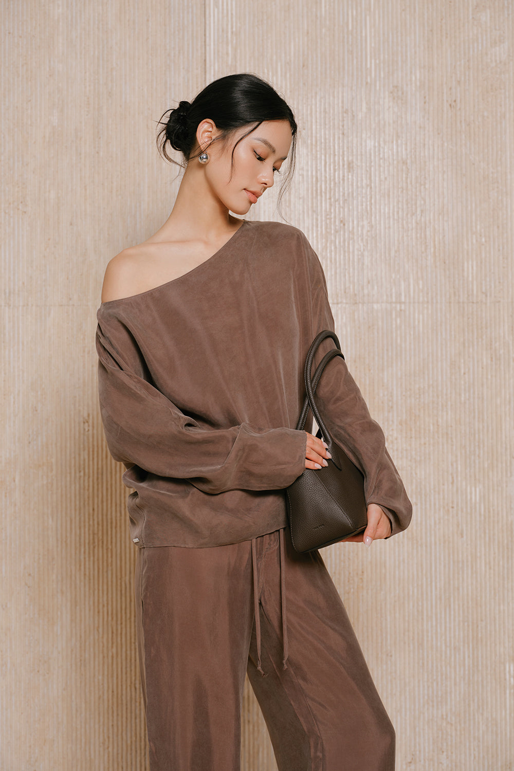 Cupro Asymmetrical Off-Shoulder Long Sleeve Top