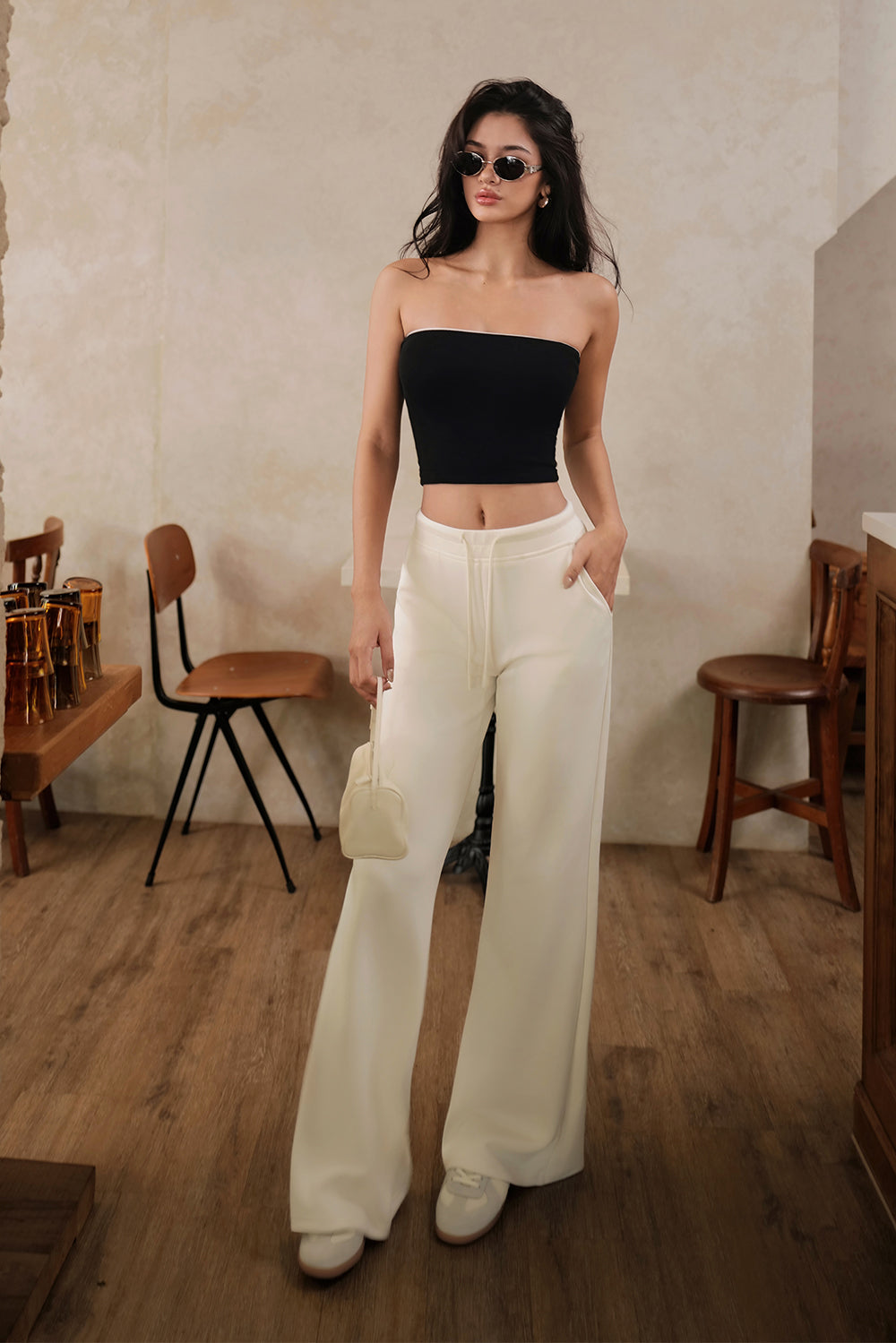 Peach Skin Drawstring Relaxed Wide-Leg Pants