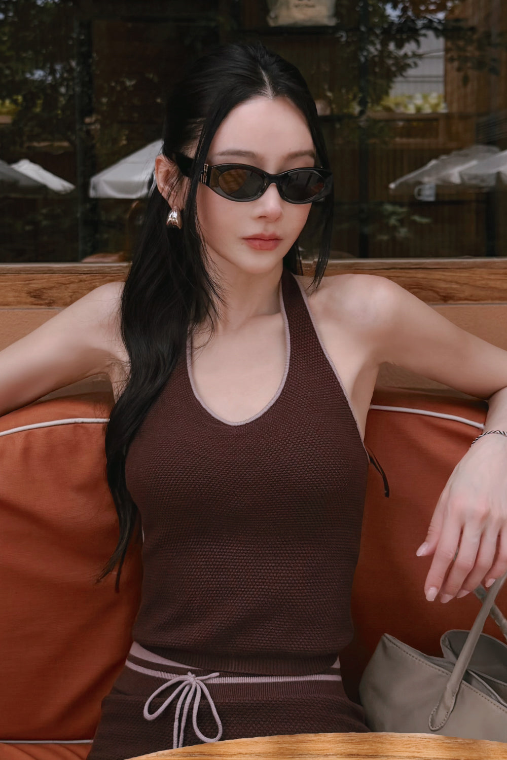 Afternoon Walk Tuck-Stitch Knit Contrast Trim Halter BraTop