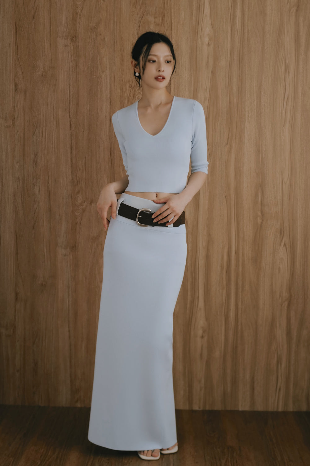 Ice Knit Wide-Waistband Maxi Skirt with Suede Belt