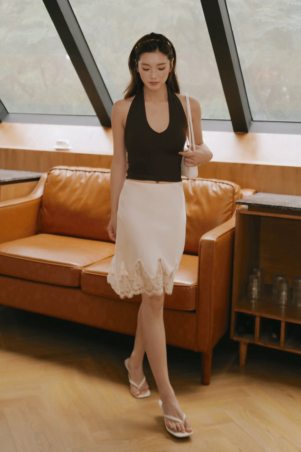Satin Lace Trim Midi Skirt