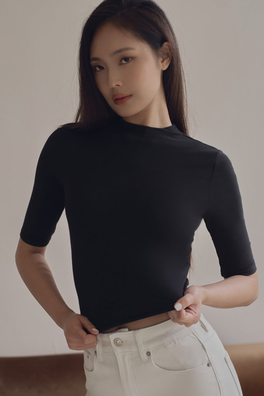 Fitted Elbow Sleeve Mock Neck Top
