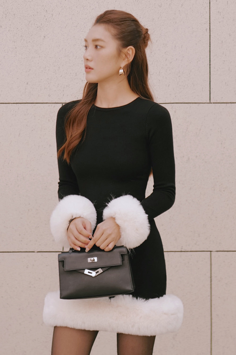 Ribbed Knit Long Sleeve Mini Dress with Faux Fur Collar