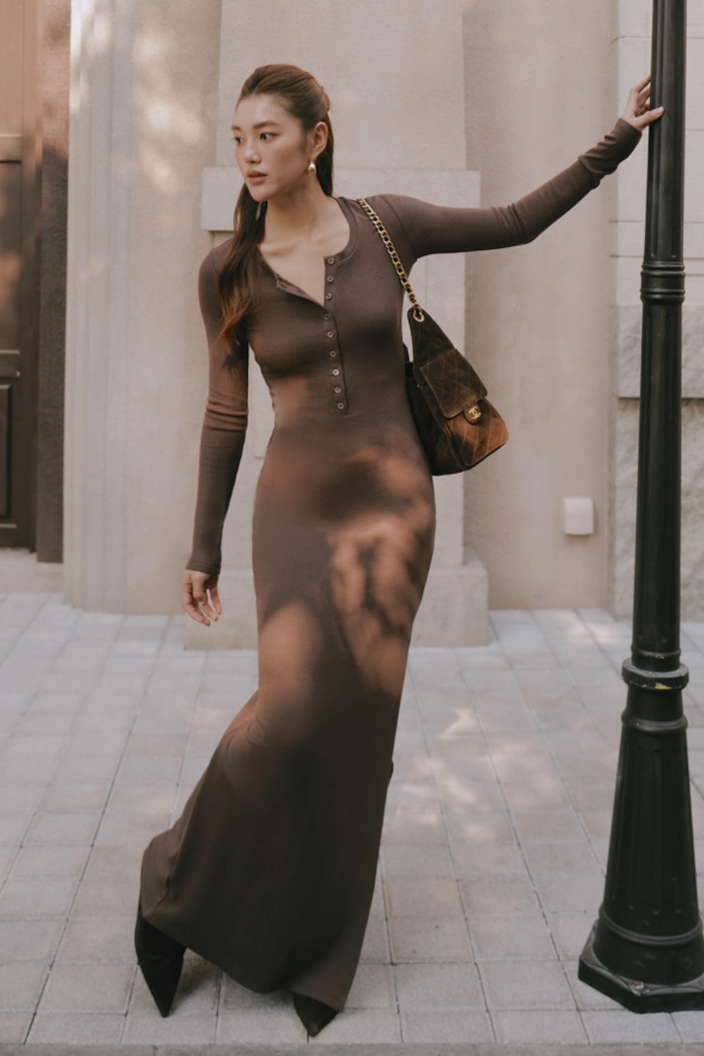 Elegant Rib Warmth Long-Sleeve Buttoned-Bodice Side-Slit Dress