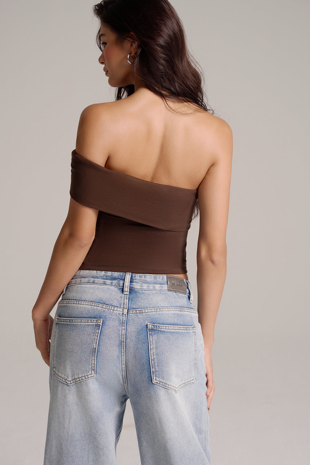 Elegant Rib Asymmetric Off-Shoulder BraTop