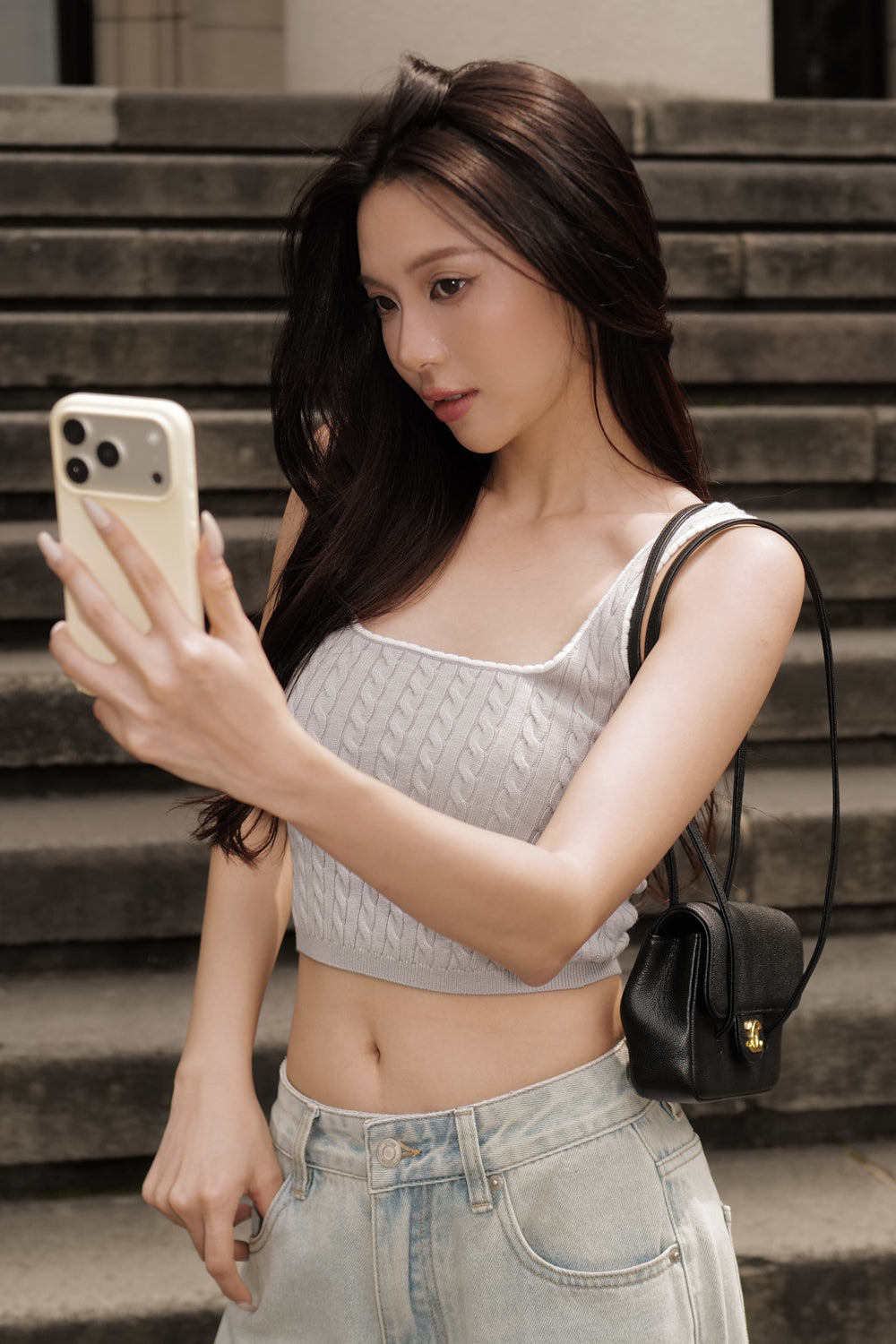 Afternoon Walk Cable Knit Ripple Trim Wide Strap Bra Top
