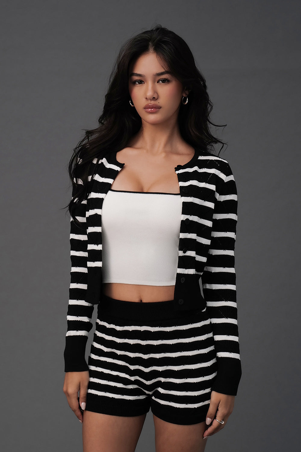 Ice Jacquard Striped Knit Button-Up Cardigan
