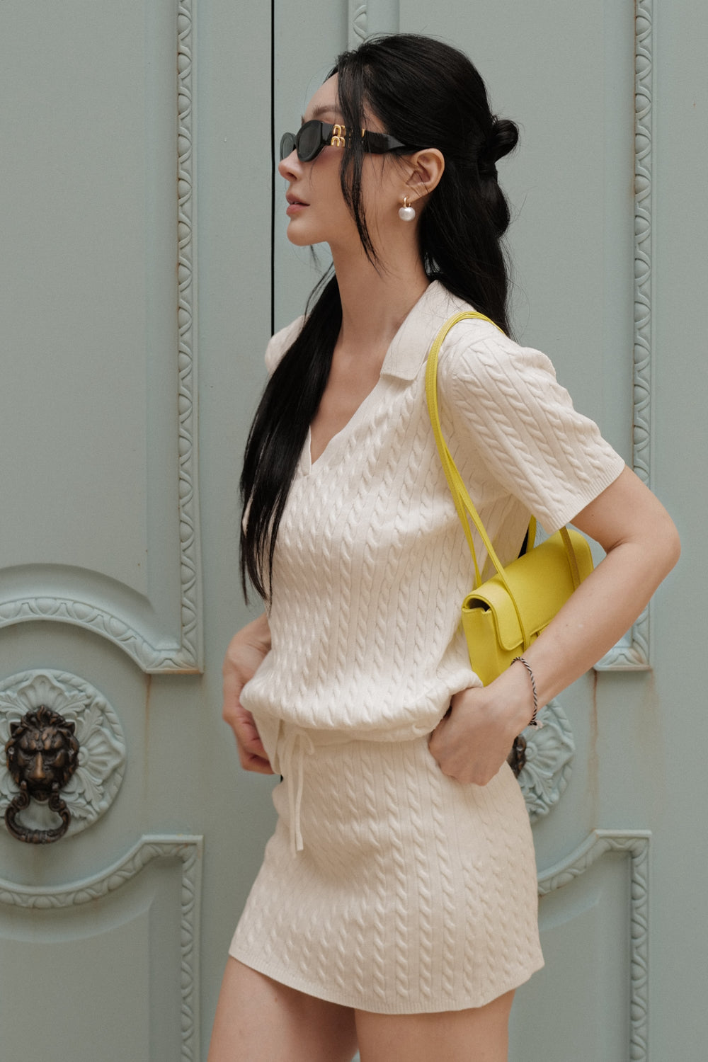 Afternoon Walk Cable Knit Open-Collar Short Sleeve Top