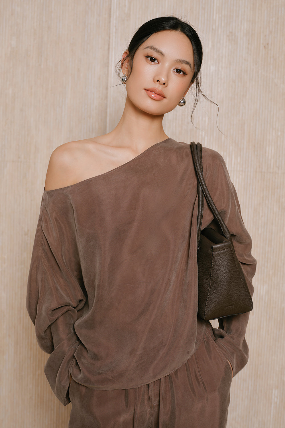 Cupro Asymmetrical Off-Shoulder Long Sleeve Top