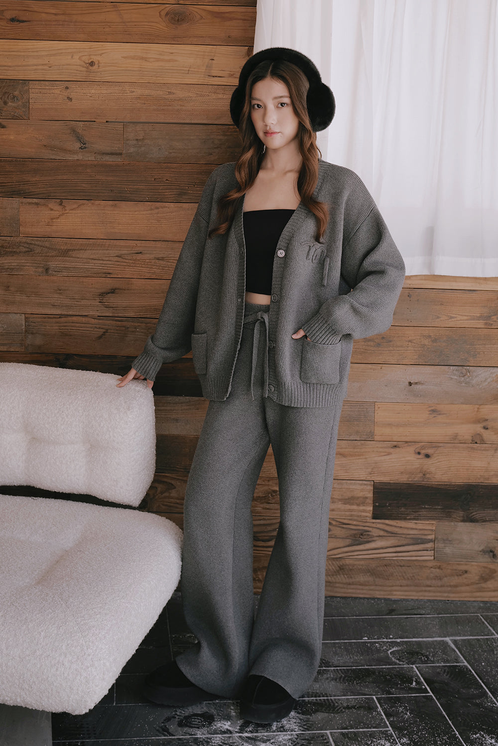 Cotton ribbed knit drawstring pants