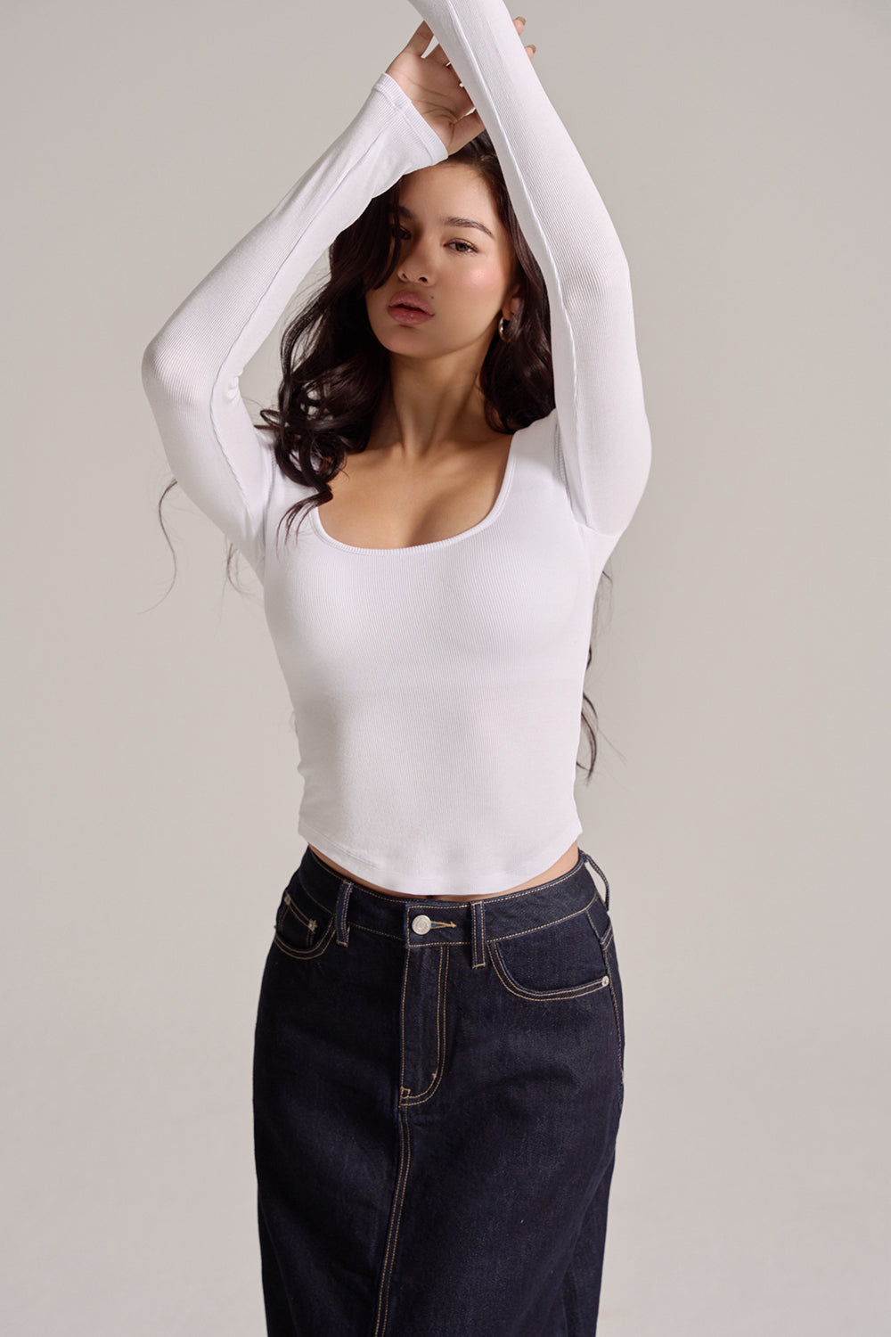 Elegant Rib U-Neck Long Sleeve BraTop