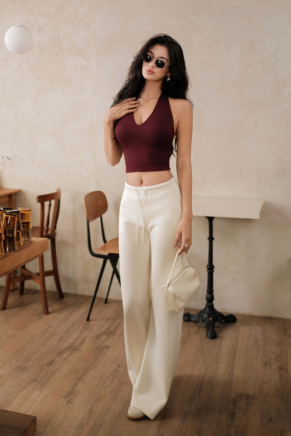 Peach Skin Drawstring Relaxed Wide-Leg Pants