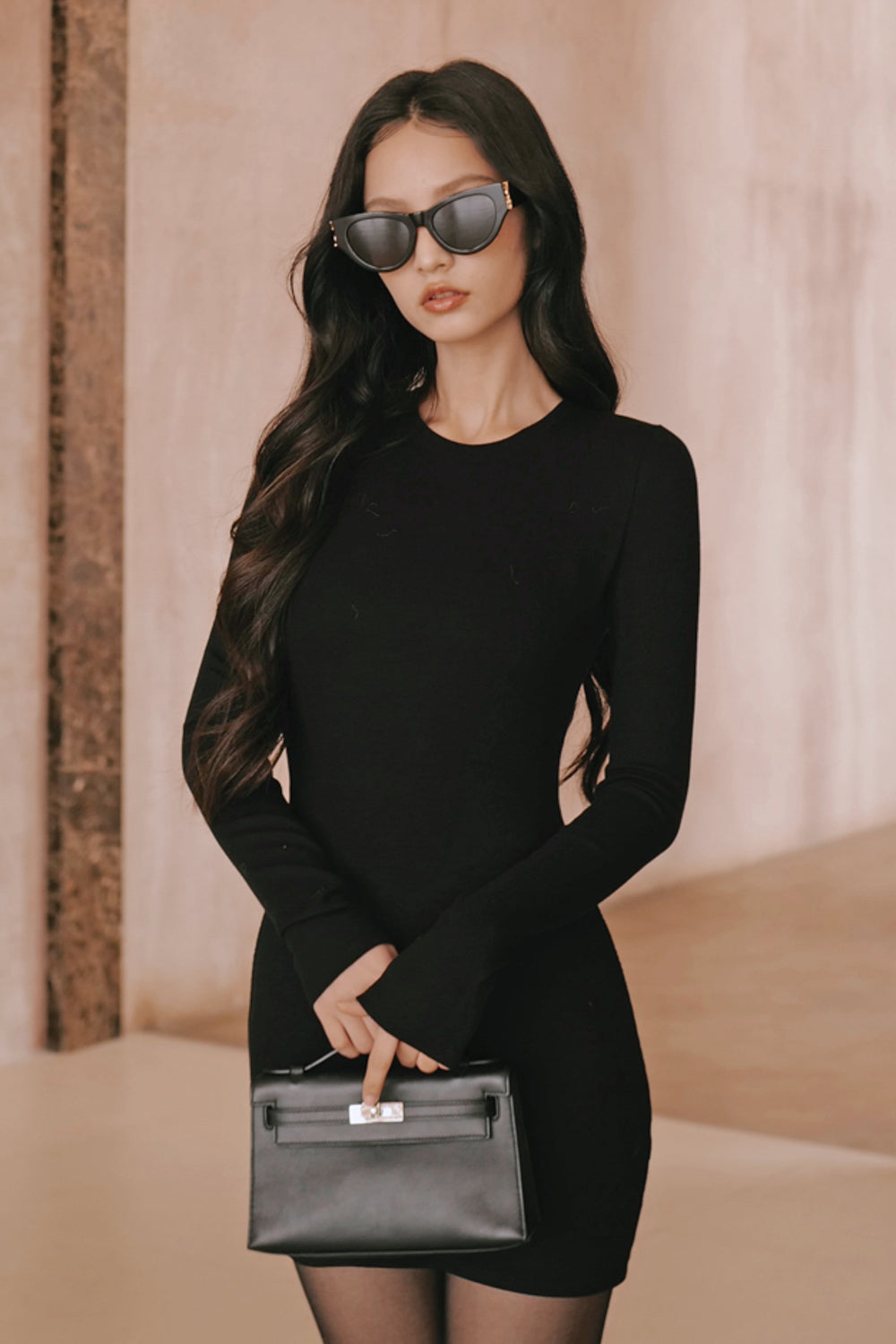 Elegant Rib Long Sleeve Mini Dress