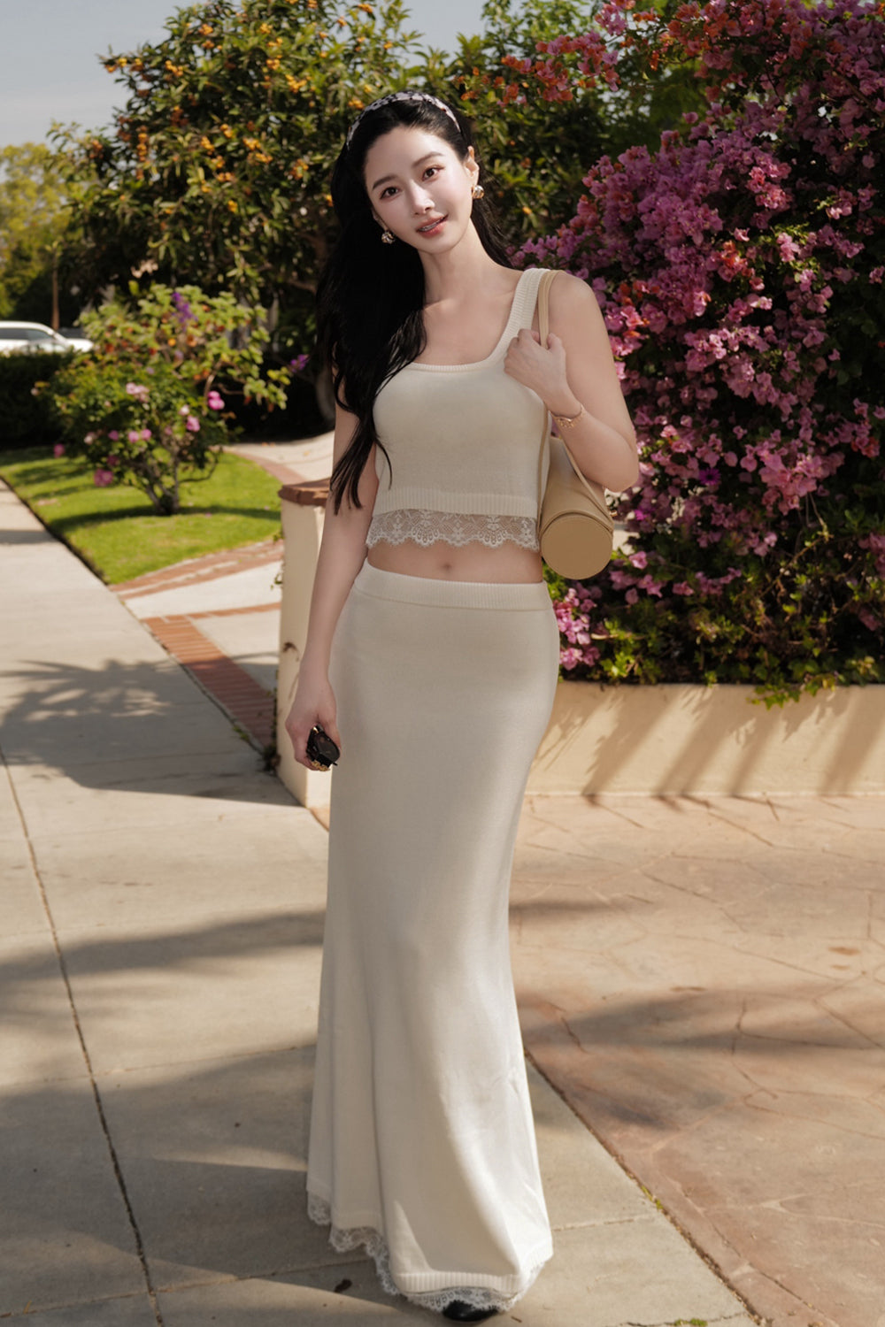 Ice Knit Lace-Overlay Maxi Skirt