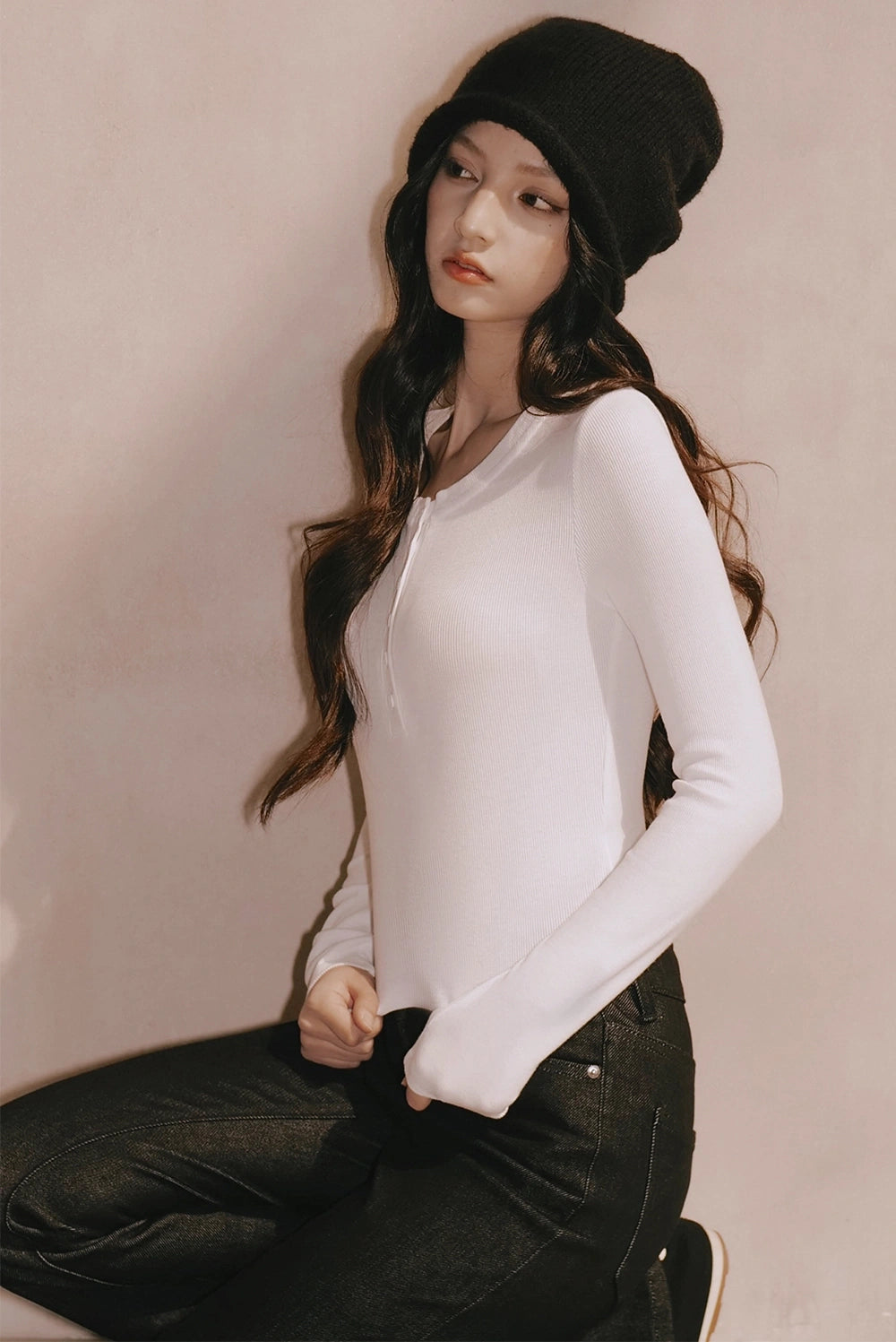 Elegant Rib Knit Press Button Long Sleeve Top